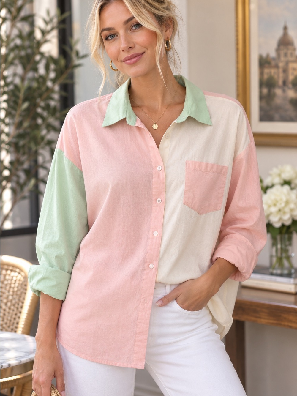 Storets Blouse Color Block Long Sleeve Button-Up Green Pink S/M